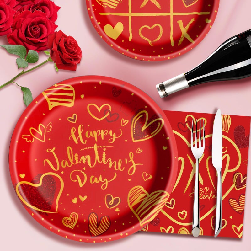 Baolaiballoon Valentine'S Day Party Supplies Tableware Set Red Heart Love Paper Plates Napkins Cups Tablecloth Banner For Valentine'S Day Party Decorations  Serves 24 - Image 4