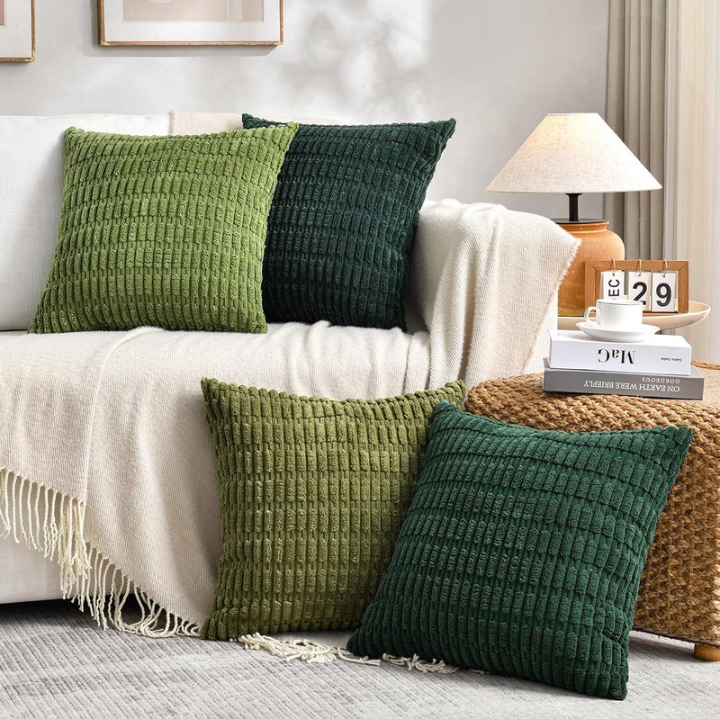 Fancy Homi فانسي هومي 4 عبوات أغطية وسائد زخرفية بلون حكيم أخضر مقاس 26x26 بوصة لغرفة المعيشة والأريكة والسرير، ديكور منزلي ريفي بوهو، وسادة مخملية ناعمة فاخرة من الكوردروي المخطط مربعة مقاس 66x66 سم - Image 1