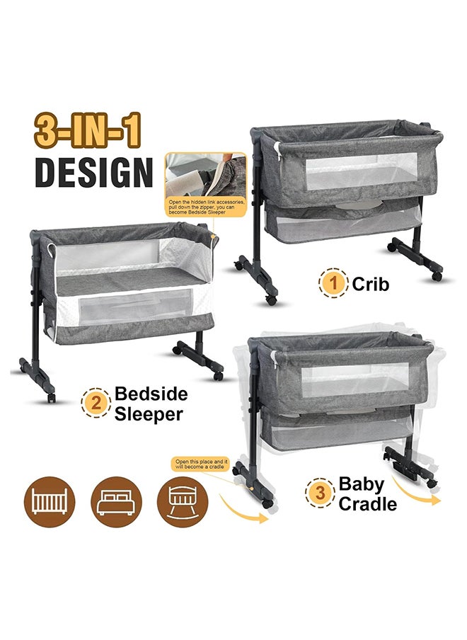SKY-TOUCH Adjustable Baby Bedside Crib With Large Storage Basket, Mattress Breathable Net,Mosquito Net Detachable, Soft Mattress 360°Swivel Wheels  - Image 3