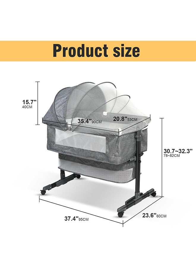 SKY-TOUCH Adjustable Baby Bedside Crib With Large Storage Basket, Mattress Breathable Net,Mosquito Net Detachable, Soft Mattress 360°Swivel Wheels  - Image 2