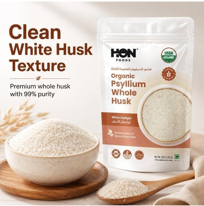 HON FOODS Organic Psyllium whole Husk 200 gm (Isabgol) – 99% Purity, USDA Organic, Soluble Fiber,High Fiber, Gluten Free, Non-GMO, Halal | Digestive & Gut Health Support | 200g - Image 2