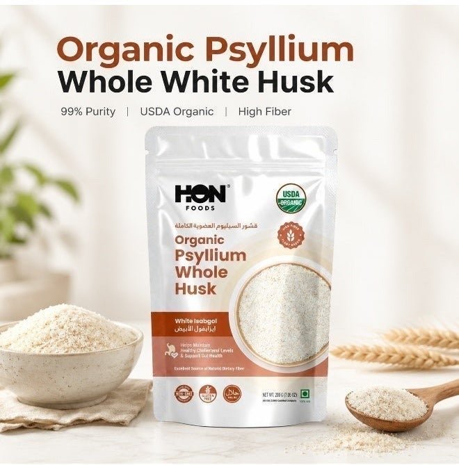 HON FOODS Organic Psyllium whole Husk 200 gm (Isabgol) – 99% Purity, USDA Organic, Soluble Fiber,High Fiber, Gluten Free, Non-GMO, Halal | Digestive & Gut Health Support | 200g - Image 1
