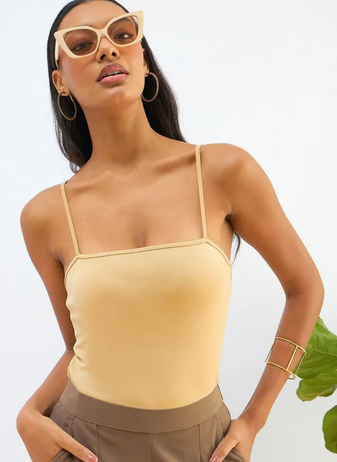 SASSAFRAS Beige Strappy Knitted Bodysuit for Women