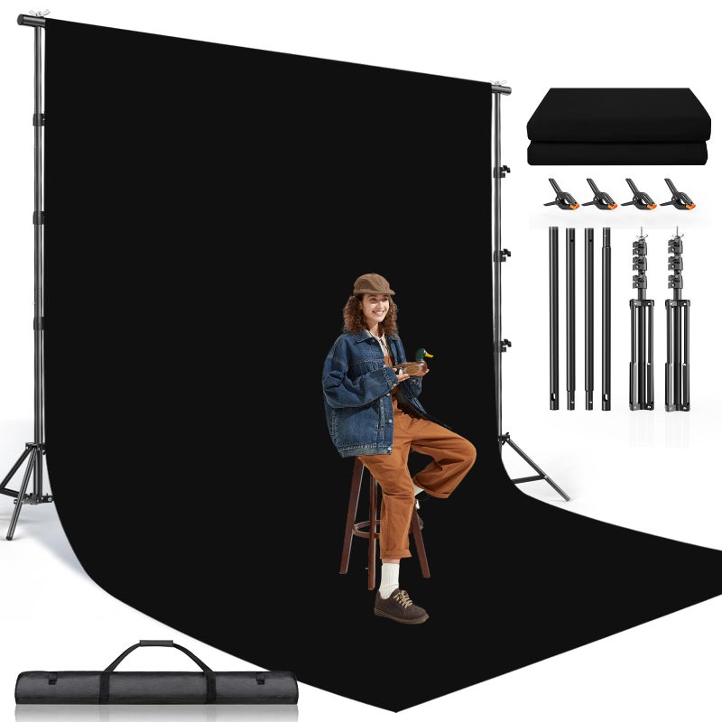 BEIYANG 8.5X10 FT Photo Background Stand with 10X12 FT Black Backdrop Screen, Adjustable Background Holder Support System Kit for Photography Video, Parties Decoration with Carry Bag & Clamps - Image 1