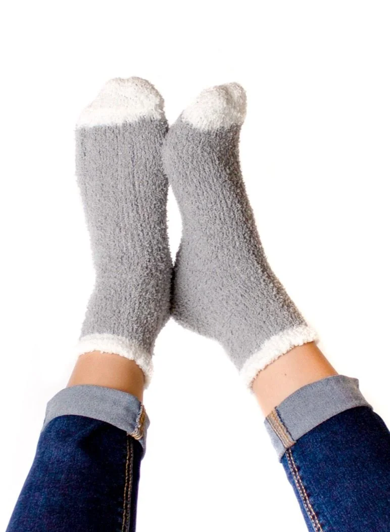 Prickly Pear Grey and White Ribbed Cozy Slipper Socks, Womens, One Size Fits Most
