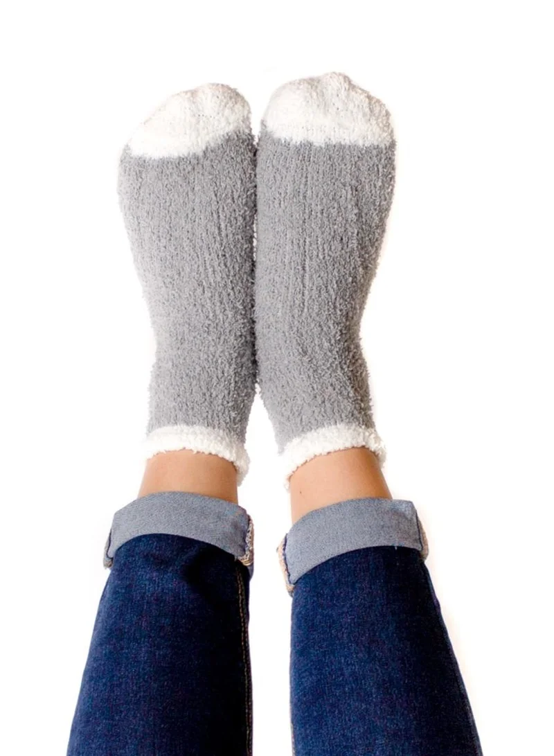 Prickly Pear Grey and White Ribbed Cozy Slipper Socks, Womens, One Size Fits Most