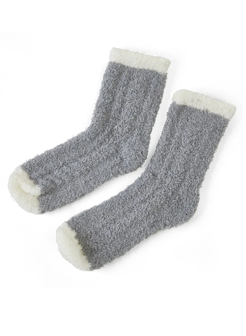 Prickly Pear Grey and White Ribbed Cozy Slipper Socks, Womens, One Size Fits Most