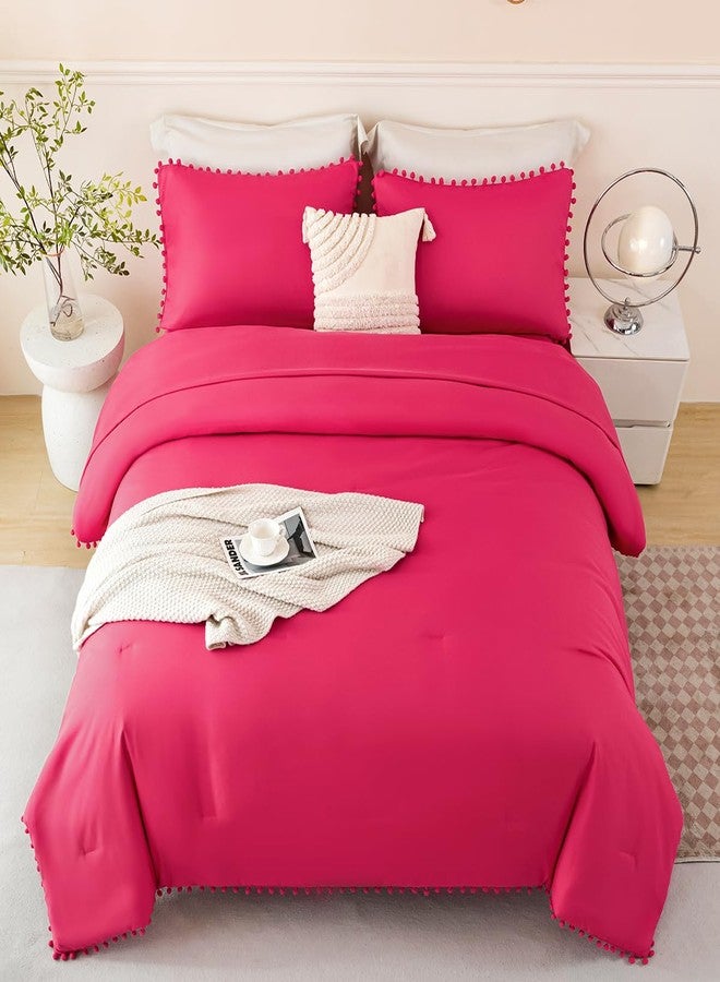 PERFEMET Hot Pink Bedding Full Set 5 Piece Bed in a Bag Boho Pom Pom Bedding Comforter Set with Sheets Soft Fluffy Solid Bed Sets for Girls Kids Women(Hot Pink, Full) - Image 2