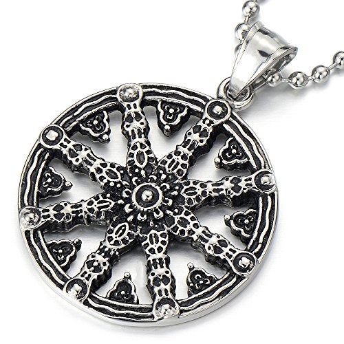 COOLSTEELANDBEYOND Mens Dharmachakra Pendant Dharma Wheel of Law Symbol Necklace Stainless Steel with 23.4 in Chain - Image 1