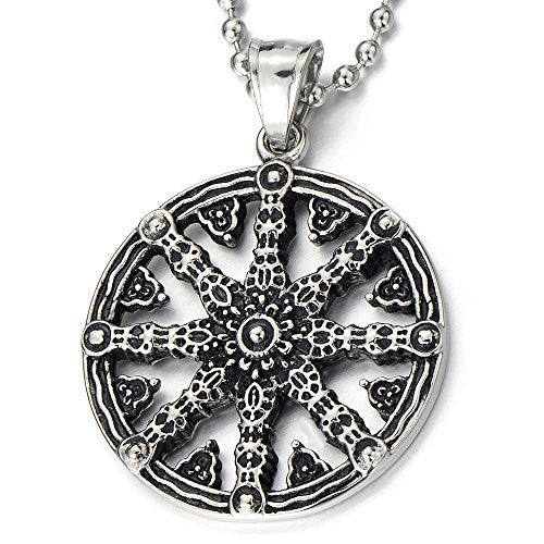 COOLSTEELANDBEYOND Mens Dharmachakra Pendant Dharma Wheel of Law Symbol Necklace Stainless Steel with 23.4 in Chain - Image 3