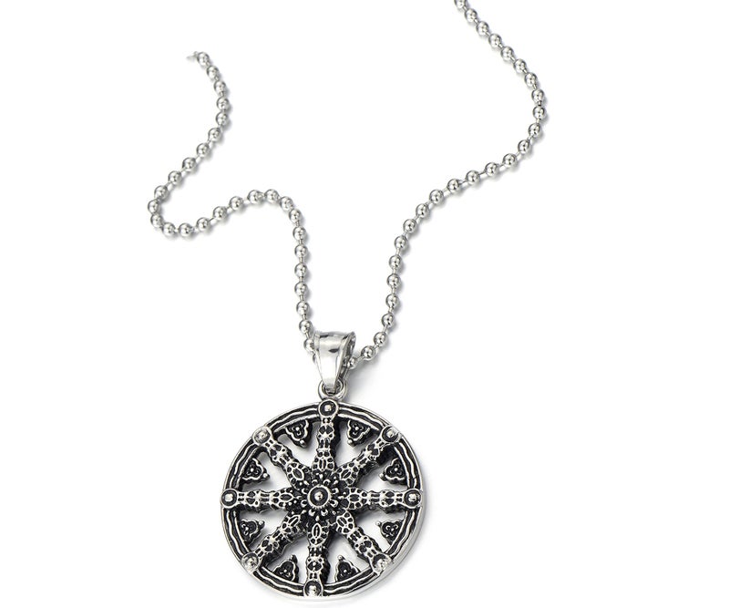 COOLSTEELANDBEYOND Mens Dharmachakra Pendant Dharma Wheel of Law Symbol Necklace Stainless Steel with 23.4 in Chain - Image 2