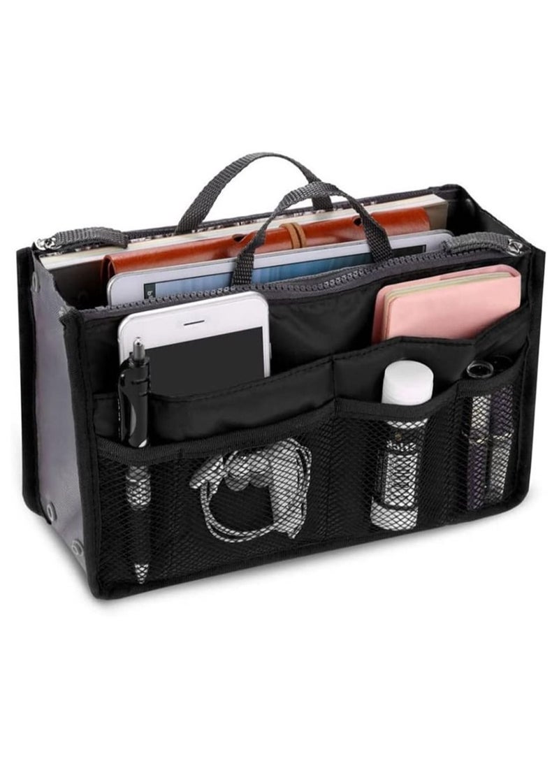 Arabest Handbag Organiser 13 Pocket Insert Expandable Liner Bag Pouch Zipper Closure Tote Cosmetic Travel Bags with Handle Large Capacity Purse Organizer  - Image 1