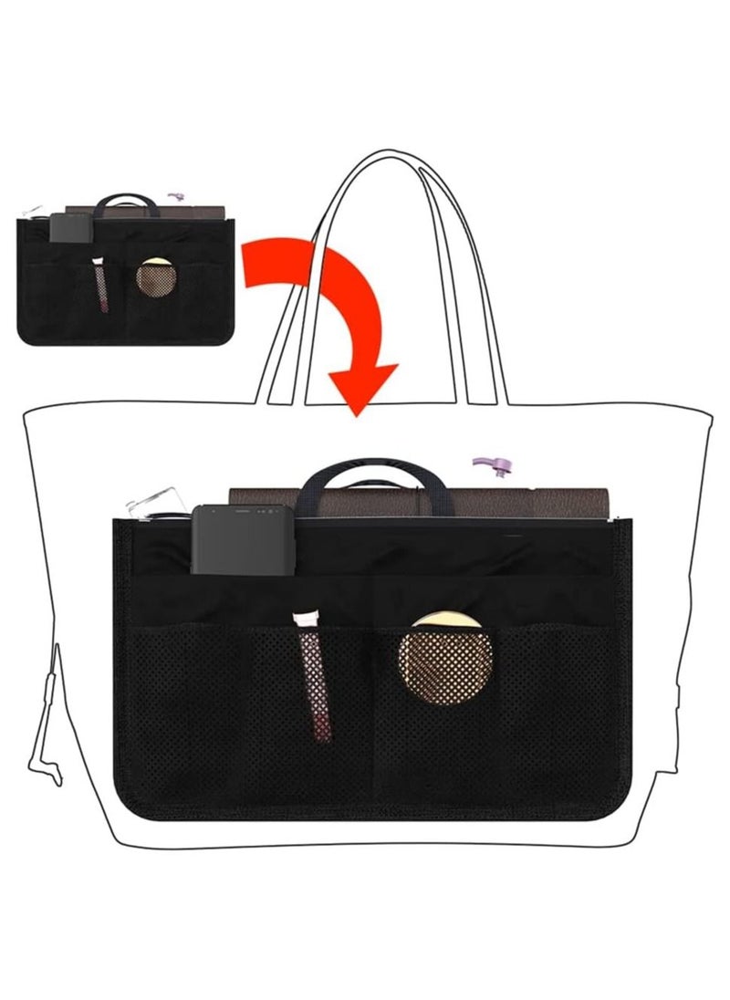 Arabest Handbag Organiser 13 Pocket Insert Expandable Liner Bag Pouch Zipper Closure Tote Cosmetic Travel Bags with Handle Large Capacity Purse Organizer  - Image 3