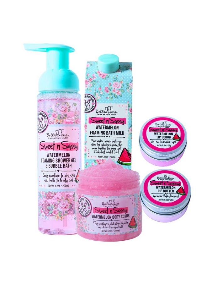 Bella and Bear Bella & Bear Sweet 'n' Sassy Watermelon Mega Bath & Body Gift Set with Foaming Shower Gel & Bubble Bath, Bath Milk, Body Scrub & Lip Scrub and Lip Butter  - Image 4