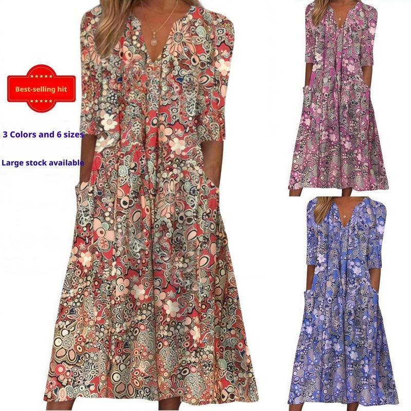 2025 Summer Floral Print V-Neck Pocket Dress - Image 1