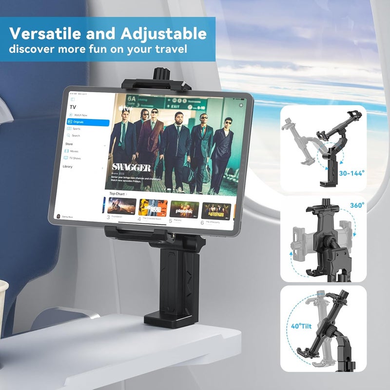 KDD Airplane Tablet Holder Mount, Adjustable Travel Essentials iPad Phone Stand with 360 Degree Rotation, Portable Tesla Model 3/Y Car Headrest Mount Compatible with iPad, Phone, Switch - Image 2