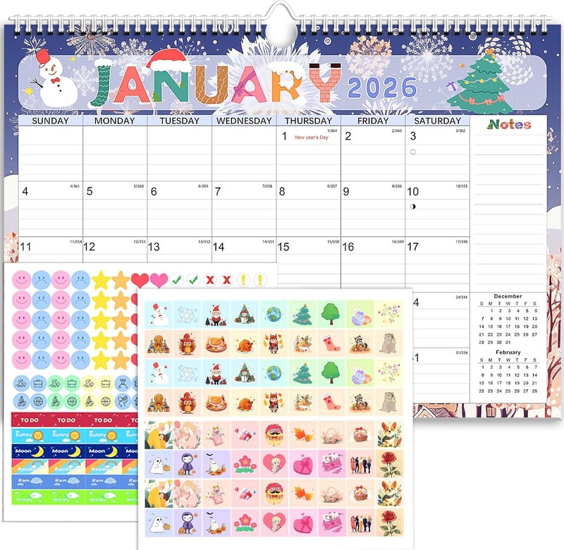 Aeccn Calendar 2025-2026, Anti Ink Bleed, Durable Thick Paper, Large Ruled Blocks, Wall Calendar 2025-2026 with Stickers, 17" x 12" Large Seasonal Calendars for Home, Office, Teacher Supplies- Colorful - Image 1