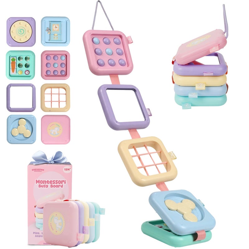 GRESEESM Montessori Toys for 1 Year Old Girls Gifts, Toddler Busy Board, Baby Learning Travel Sensory Toys for Toddlers 1-3, 1st Birthday Gifts, Easter Basket & Stocking Stuffer, Macarons - Image 1