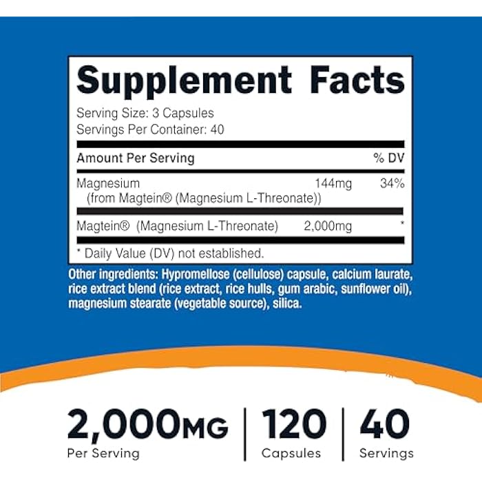 Nutricost نوتريكوست مغنيسيوم إل-ثريونيت كـ ماجتين 2000 ملغ، 120 كبسولة - خالي من الكائنات المعدلة وراثيًا، خالي من الغلوتين، مناسب للنباتيين - Image 2