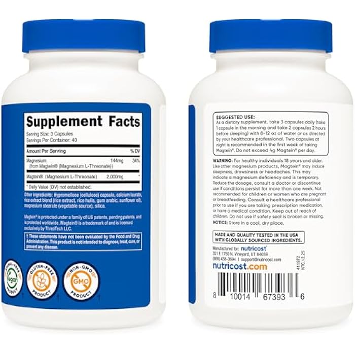 Nutricost نوتريكوست مغنيسيوم إل-ثريونيت كـ ماجتين 2000 ملغ، 120 كبسولة - خالي من الكائنات المعدلة وراثيًا، خالي من الغلوتين، مناسب للنباتيين - Image 4