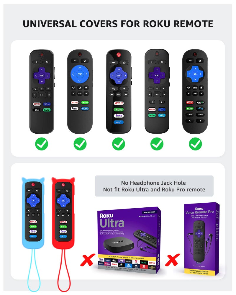 OneBom 2Pack ONEBOM Cover for Roku Remote with Cat Ears Design, Silicone Skin Case Compatible with Hisense/TCL Roku TV/Express, Universal Replacement Controller. Glow in The Dark(Glow Blue&Red) - Image 3