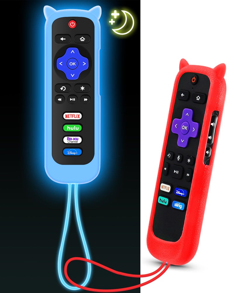 OneBom 2Pack ONEBOM Cover for Roku Remote with Cat Ears Design, Silicone Skin Case Compatible with Hisense/TCL Roku TV/Express, Universal Replacement Controller. Glow in The Dark(Glow Blue&Red) - Image 1