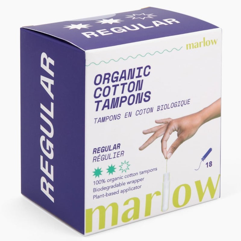 Marlow Award Winning 100% Organic Cotton Easy Glide Tampons with Compact Plant Based Applicator | Biodegradable Wrapping | 18 Count, Fragrance Free, Chlorine Free, Toxin Free | Regular Tampon | by Marlow 