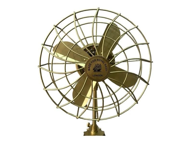 Handmade Brass Antique Vintage Style Pedestal Electric Fan with Black Adjustable Wooden Tripod Stand Retro DesignCollectible Functional Home Decor Brass Antique With Brown Tripod  - Image 2