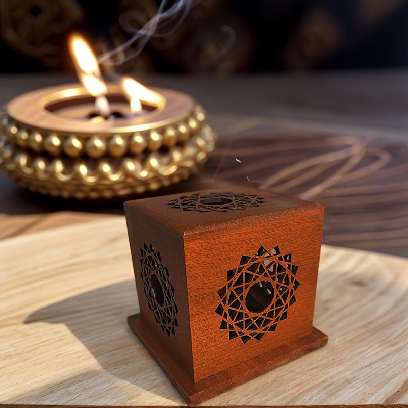 Handcrafted Wooden Incense Holder Square Sandalwood Aroma Diffuser With Auspicious Cloud Hollow Carving Vintage Home Decor For Office Study Man Cave Father Day Gift - Image 2