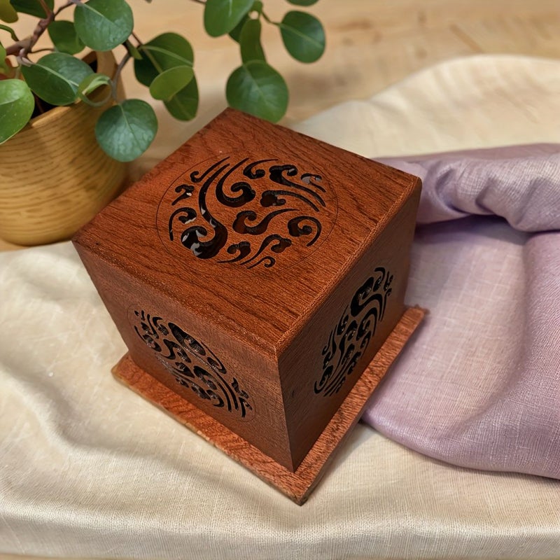 Handcrafted Wooden Incense Holder Square Sandalwood Aroma Diffuser With Auspicious Cloud Hollow Carving Vintage Home Decor For Office Study Man Cave Father Day Gift - Image 5