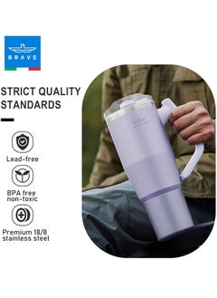 Brave 32oz (950ml) Stainless Steel Insulated Tumbler with 180° Rotating Handle and Lid with Straw, 100% Leak Proof Travel Coffee Mug, Double Wall Vacuum Insulated Tumbler, Keeps Drinks Cold for 24 Hours or Hot for 12 Hours, BPA Free, Durable, Reusable, Cup Holder Friendly, Large Coffee Mug and Water Bottle for Hot and Cold Drinks, Perfect for Office, Travel, Gym (Purple)  - Image 2