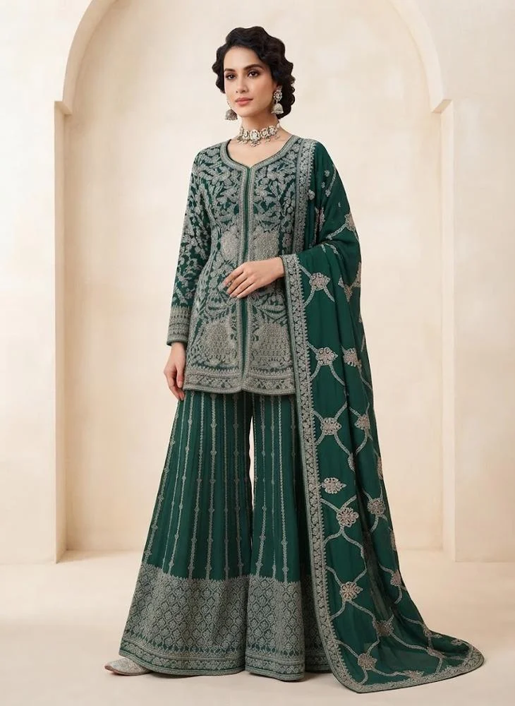 Viny VINY Green 3-Piece Embroidered Jacket-Style Suit Set – Women's Indian Ethnic Wear