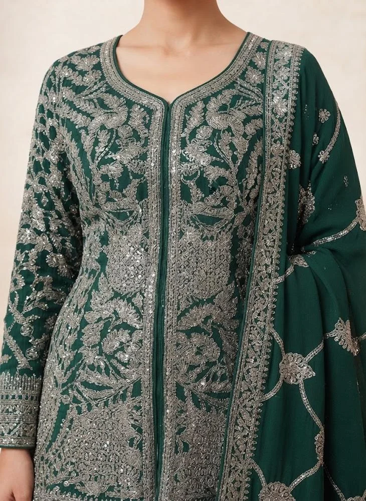 Viny VINY Green 3-Piece Embroidered Jacket-Style Suit Set – Women's Indian Ethnic Wear