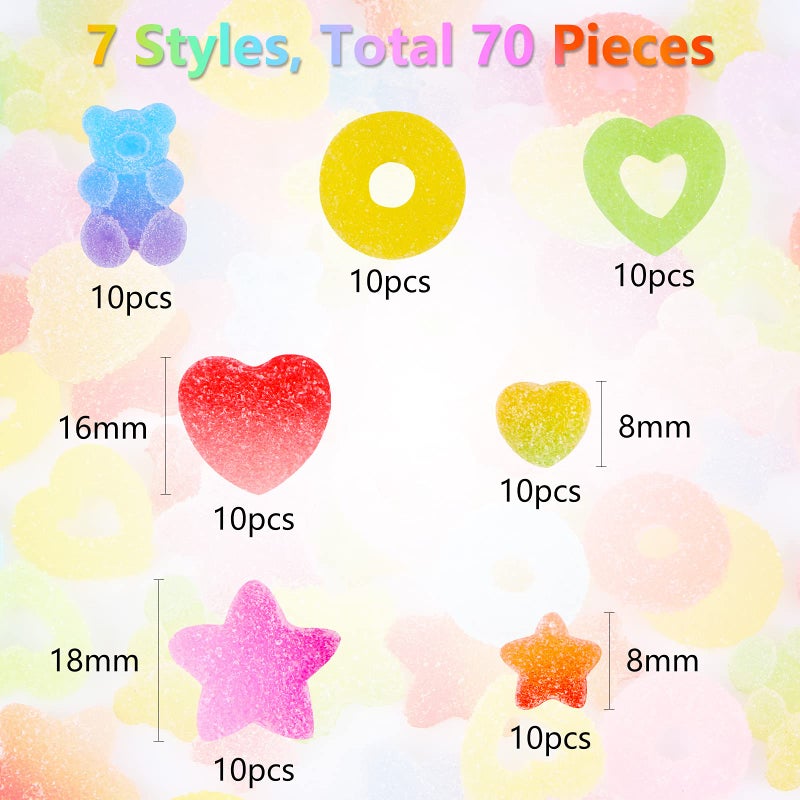 UHOMENY 70 Pcs Mixed Candy Charms Soft Jelly Sugar Resin Flatback Beads Pendants Mini Assorted Jelly Buttons Heart Star Candy Bear Doughnut Shaped Charm with Box for DIY Crafts Phone Case Nail Art - Image 2