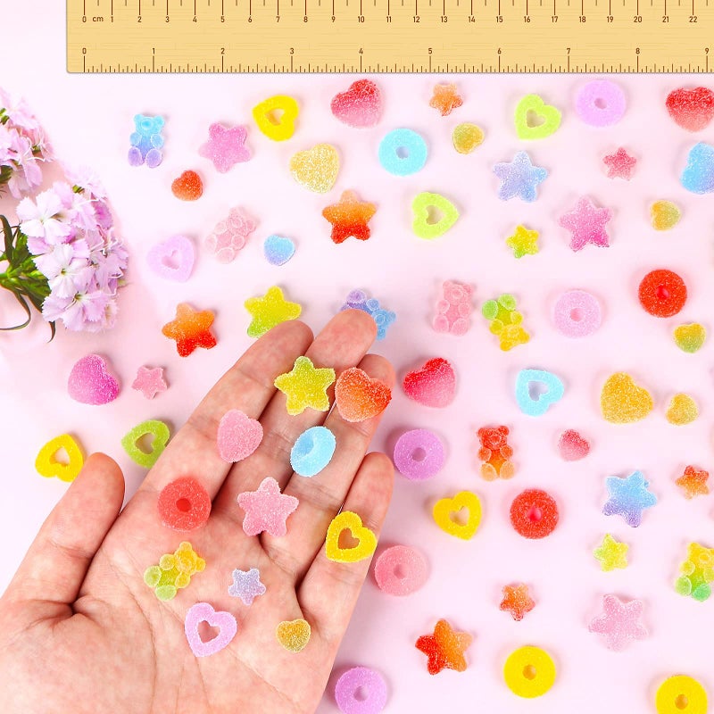 UHOMENY 70 Pcs Mixed Candy Charms Soft Jelly Sugar Resin Flatback Beads Pendants Mini Assorted Jelly Buttons Heart Star Candy Bear Doughnut Shaped Charm with Box for DIY Crafts Phone Case Nail Art - Image 3