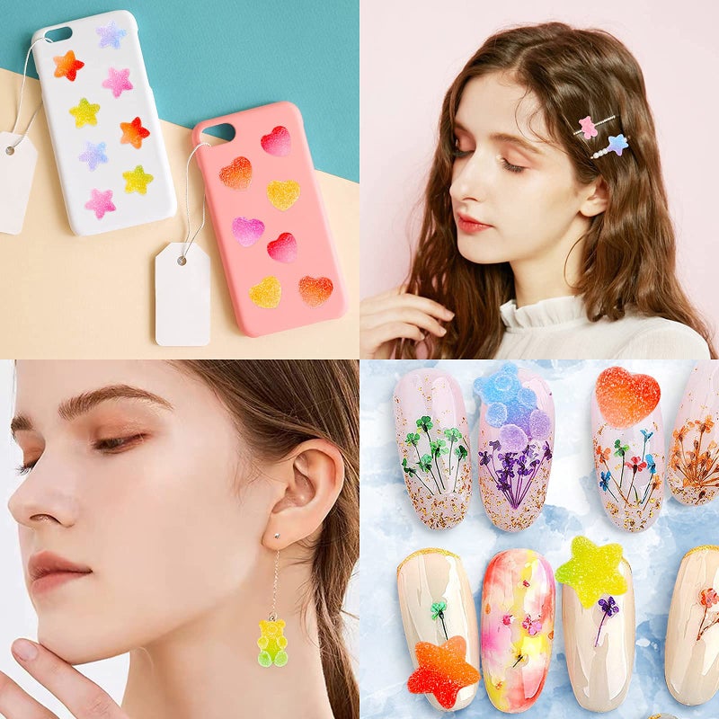 UHOMENY 70 Pcs Mixed Candy Charms Soft Jelly Sugar Resin Flatback Beads Pendants Mini Assorted Jelly Buttons Heart Star Candy Bear Doughnut Shaped Charm with Box for DIY Crafts Phone Case Nail Art - Image 5