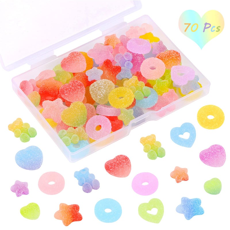 UHOMENY 70 Pcs Mixed Candy Charms Soft Jelly Sugar Resin Flatback Beads Pendants Mini Assorted Jelly Buttons Heart Star Candy Bear Doughnut Shaped Charm with Box for DIY Crafts Phone Case Nail Art - Image 1
