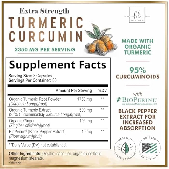 Hello Lovely! Turmeric Curcumin Supplement with 95% Curcuminoids, Organic Turmeric & Ginger 1750mg, BioPerine Black Pepper for Best Absorption, Nature's Vegan Joint Support, Non-GMO, Bottled in USA - 240 Capsules - Image 2