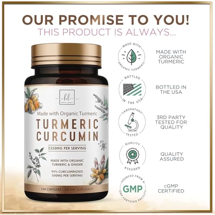 Hello Lovely! Turmeric Curcumin Supplement with 95% Curcuminoids, Organic Turmeric & Ginger 1750mg, BioPerine Black Pepper for Best Absorption, Nature's Vegan Joint Support, Non-GMO, Bottled in USA - 240 Capsules - Image 4