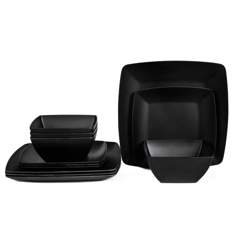 Melamine 12pcs Classic Square Dinnerware Set Concise Plates and Bowls Set Service for 4 Dishwasher Safe Black