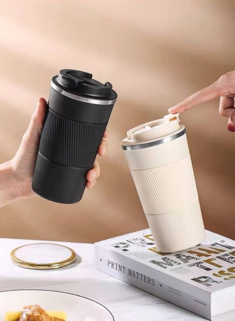AROAQ 2PCS 510ML Stainless Steel Coffee Cup Thermal Mug Non-slip Travel Car Insulated Bottle (BLACK And WHITE) - Image 1