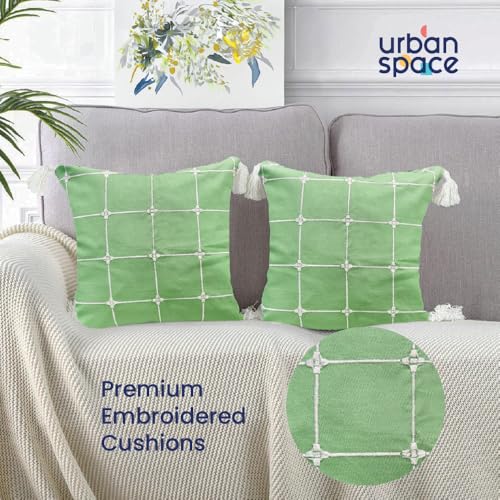 Urban Space Embroidered Cotton Cushion Cover Set of 2, 16 inch x 16 inch Cushion Covers for Sofa, Bedroom, Living Room (Aura Checks Green, Cushion Cover 40cm x 40cm, Set of 2) - Image 2