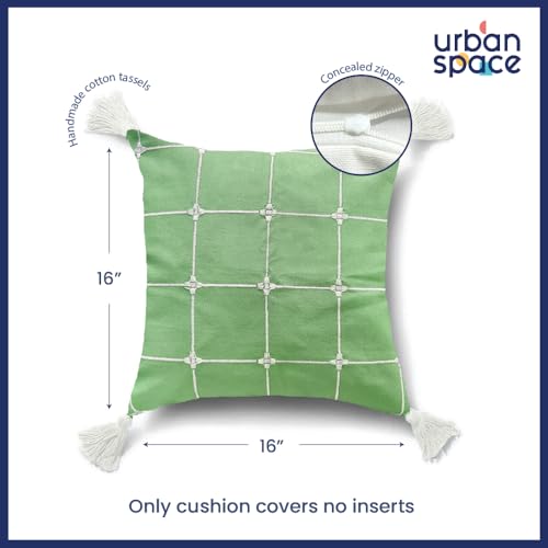 Urban Space Embroidered Cotton Cushion Cover Set of 2, 16 inch x 16 inch Cushion Covers for Sofa, Bedroom, Living Room (Aura Checks Green, Cushion Cover 40cm x 40cm, Set of 2) - Image 4
