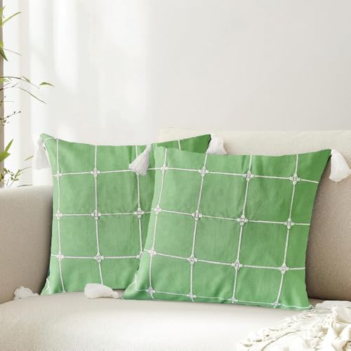 Urban Space Embroidered Cotton Cushion Cover Set of 2, 16 inch x 16 inch Cushion Covers for Sofa, Bedroom, Living Room (Aura Checks Green, Cushion Cover 40cm x 40cm, Set of 2) - Image 1