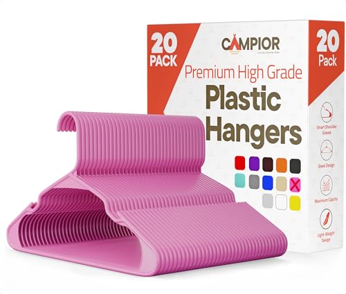 Campior Pink Plastic Hangers 20 Pack– Heavy-Duty Plastic Hangers Slim and Space-Saving, Durable and Lightweight PP with Non-Slip Shoulder Notches for Slip Dresses, Suits, Jackets & Camisoles - Image 1