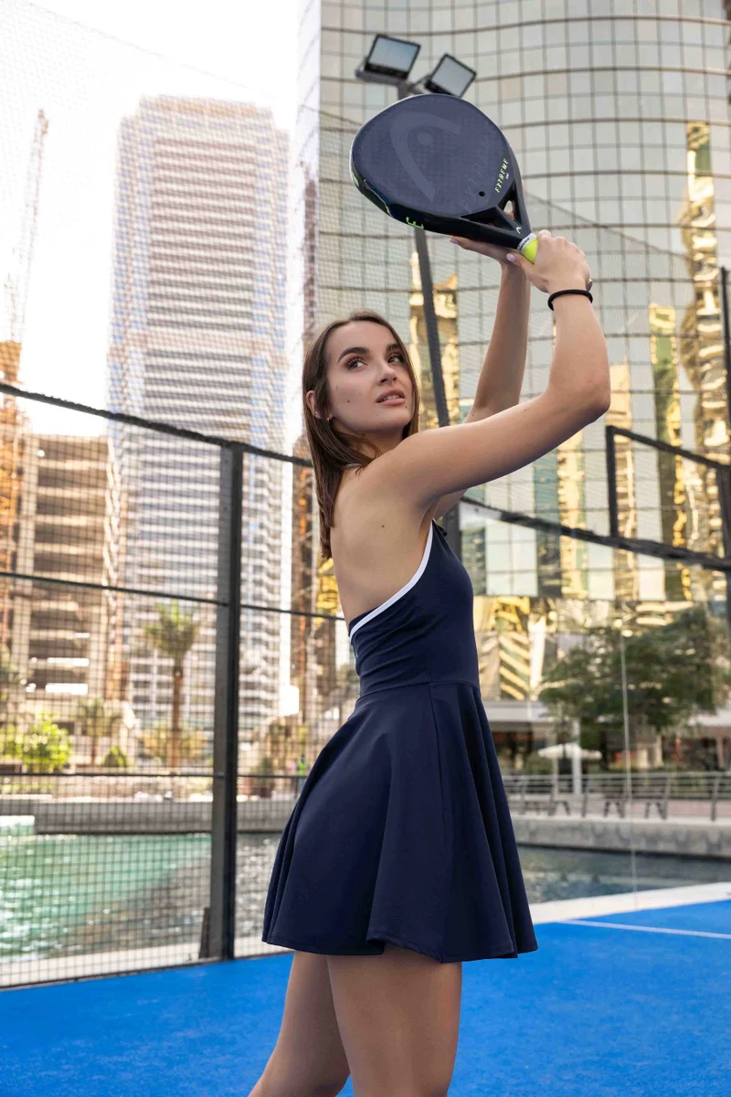 SVL Women's Active Dress with Built-In Bra, Removable Pads, Inner Shorts and Hidden Pocket - Dark Blue - SVL