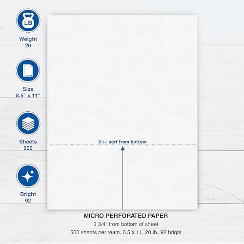 PrintWorks Professional 3 3/4" Horizontal Perforated Paper 8.5” x 11” - Perfect For W-2, 1099, & Statement Use - Made in the USA - 500 Sheets - 20 lb - Printer Compatible - White (04331) - Image 3