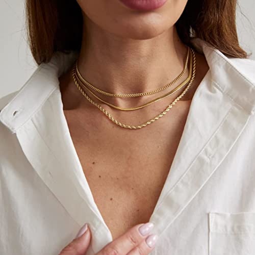 Tasiso Herringbone Choker Necklace Set Double Layer Snake Chain Figaro Link Necklace Layering Necklace Set Cuban Chain Necklace for Women - Image 3