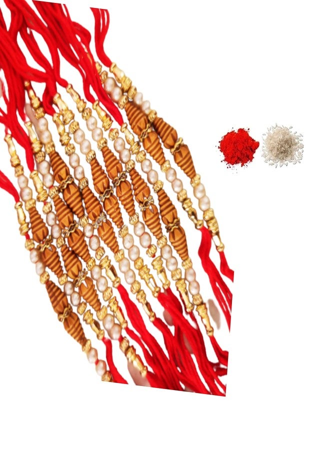 CRAFTOMANIC لؤلؤ فاخر تقليدي، Rudraksh Multi Designer Rakhi للأخ، Raksha Bandhan Rakhi مع Roli TilakPearl Rakhi للرجال والأولاد/مجموعة Dora Rakhi للأخ مع Roli Chawal - Image 1