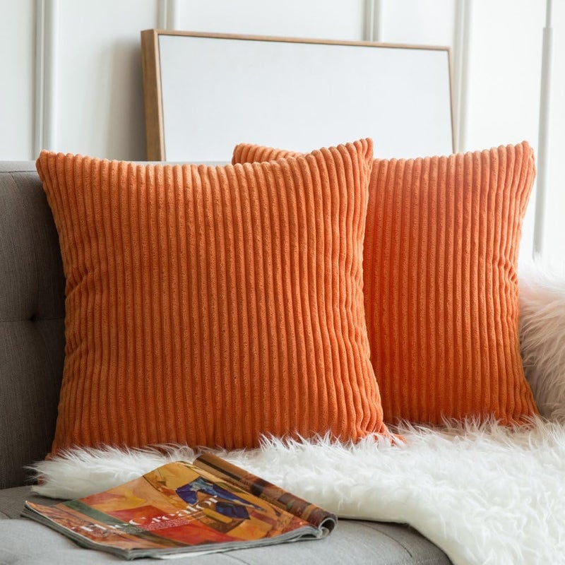 MIULEE MIULEE Pack of 2 Orange Pillow Covers 18x18 Inch Soft Boho Striped Corduroy Throw Pillow Covers Set Decorative Square Cushion Cases Pillowcases for Sofa Bedroom Couch  - Image 1